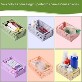 HUUSMOT Paquete de 6 pequeñas cestas de almacenamiento de plástico pastel, cajas plegables para organizar, mini contenedores que ahorran espacio para 