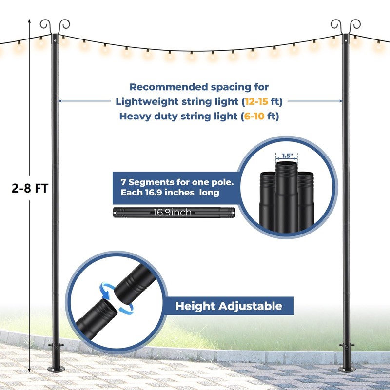 EUIJOIP String Light Pole 8 FT Adjustable, 1 Pack Heavy