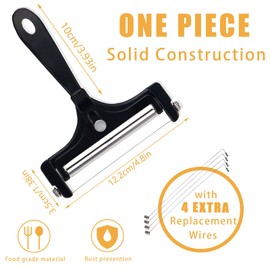 Huakaile Adjustable Cheese Slicer with 4 Extra Wires Replacement, Hand Held Wire Cheese Cutter Shaver, Heavy Duty Aluminum Alloy Cheese Slicers for Block Cheese (Black)