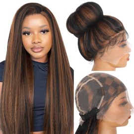 WIGNEE Full Lace Kinky Straight Wig 30 Inch Synthetic Yaki Straight Wig 180% Density Pre-Plucked Kinky Wig with Baby Hair Yaki Wigs For Black Women Daily Use(Brown Highlight)