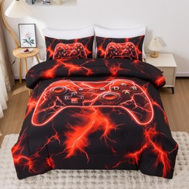 Meeting Story Queen Boys Bedding Set, 3D Game Controller Design Gaming Bed Set, Gamer Comforter in A Bag Soft Lightweight Video Gamepad Bedroom Set(Red)