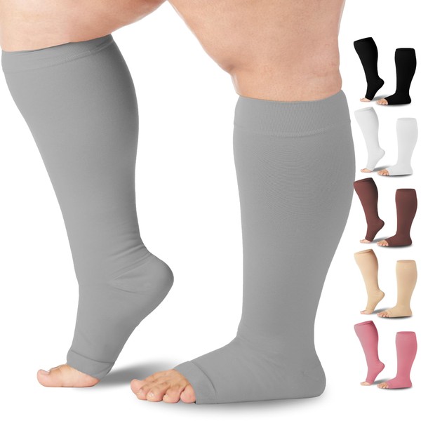 Mojo Compression Socks 5XL Grey Plus Size Open Toe Knee Highs - Support Stockings for Post-Thrombotic Syndrome and Venous Insufficiency - Extra X-Wide Calf & Ankles, 20-30mmHg - 1 Pair