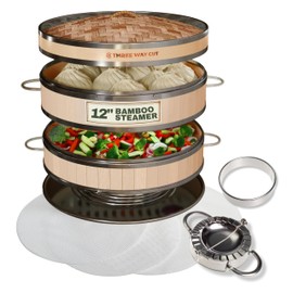 2-tier 12" Bamboo Steamer with Reinforcement & Handle, Reusable Silicone Liner & Accessories Kit For Cooking Dumpling, Baby Bao Bun, Dim Sum, Rice Potsticker Steaming Chinese Asian Food & Vegetables