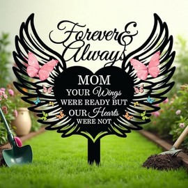 Memorial Garden Stake with Wings Design, Forever and Always Mom Tribute, Butterfly Decorated Yard Sign