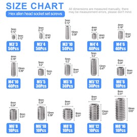 Glarks 420Pcs M3/M4/M5/M6/M8 Allen Head Socket Set Screw, 304 Stainless Steel Internal Hex Drive Grub Screw Assortment Kit