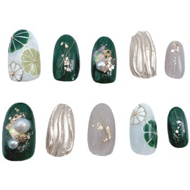 Coming-of-age Ceremony, Nail Tip, Green Type, Japanese Style, Green, Pearl, Floral Pattern, Flower, Unneune, Golden, 3D, Plump, 3D, Seedling Color, Chrysanthemum, Margaret, Japanese Pattern, Kimono,