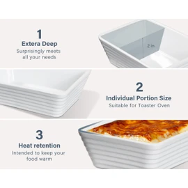 ONEMORE Small Baking Dish, Rectangle Ceramic Baking Dish for Oven, Individual Casserole Dishes for Toaster Oven, 5x7 Small Deep Lasagna Baking Dish, Oven Safe, 1-2 Person Baking Dishes Set of 4, White
