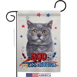Patriotic Blue British Short Hair Garden Flag Set with Stand Animals Cat Kitten Meow Spoiled Paw Fur Pet Nature Farm Animal Creature Small Gift Yard House Banner Made in USA 13 X 18.5