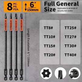 Impact Security Torx Bit Set 6-Inch Long (8-Pack T8-T40), S2 Steel Tamper Proof Star Bits Set, with 1/4'' Hex-Shank, Magnetic and High-Torque, for Automotive, Electronics, DIY