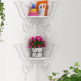 Beskadi 2-Tier Butterfly Corner Shelf - Nursery Wall Deor Floating Corner Shelf for Kid’s Room, Small Cute Decorative Shelf Wall Mounted, White Hanging Hollow Out Shelf for Toys, Plants and Storage
