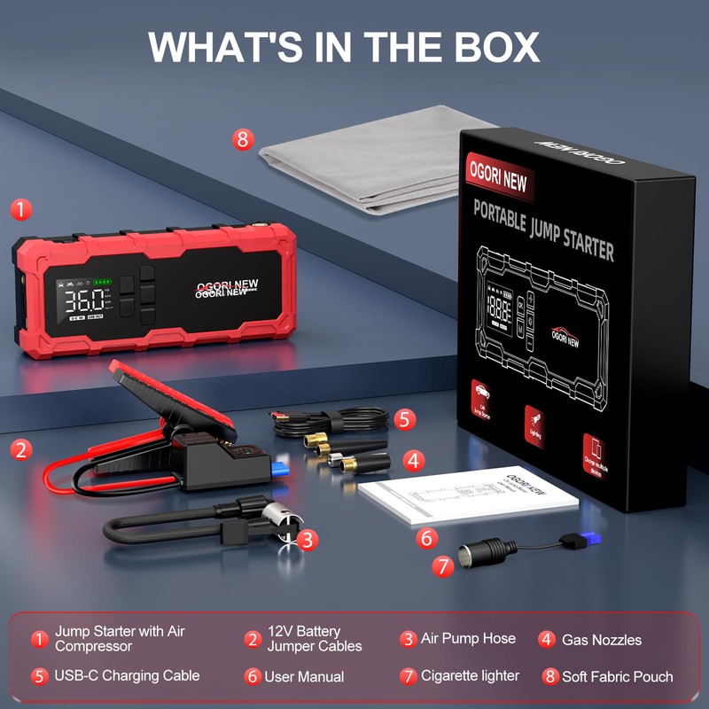 8000A Jump Starter with Air Compressor, 26800mAh 150PSI Portable Car
