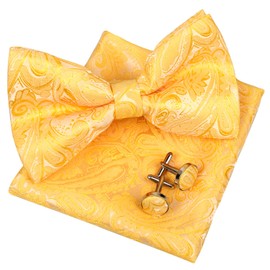 Alizeal Mens Retro Paisley Pre-tied Bow Tie, Pocket Square and Cufflinks, Yellow