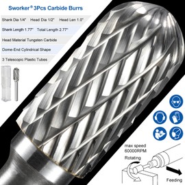 Sworker 3Pcs 1/4 Carbide Burr Set 1/4" Shank Head Dia 1/2" Dome-End Cylinder Die Grinder Bits Rotary Tools Attachment Kit Rasp Accessories Metal Wood Stone Steel Grinding Deburring Cutting Porting