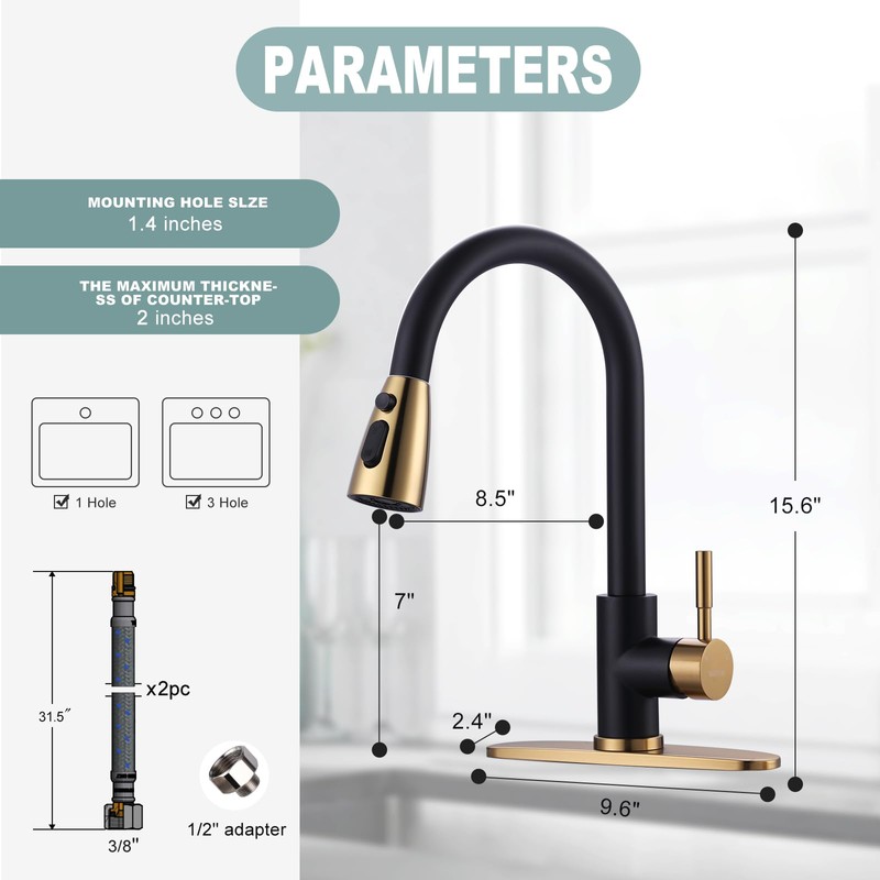 Black and Gold Kitchen Faucet with Sprayer, WOWOW Kitchen Sink