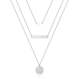 Silver Necklace for Women - Dainty Layering Pearls Necklace Bar Necklace Hammered Disc Pendant Silver Layered Necklace Simple Layering Necklace Silver Necklace for Women