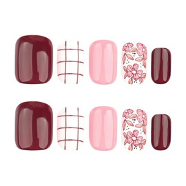 Press on Nails Short Square Fake Nails with Line Flower Designs Spring Summer Nails Press ons Brown Acrylic Nails Glossy Glue on Nails Cute False Nails Natural Stick on Nails for Women 24Pcs