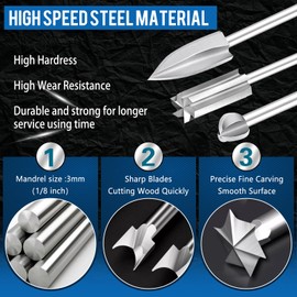 Shengbenhao Wood Carving Bits Set, 5pcs High Speed Steel, 1/8" Shank, Universal for Rotary Tool, DIY Carving, Drilling, Micro Sculpture