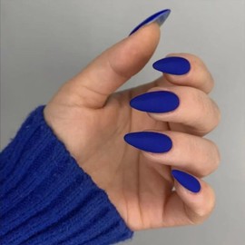 Matte Blue Press on Nails Almond Shaped Nails Press ons, Medium Fake Nails Short Almond Acrylic Nails Glue on Nails Medium Length False Nails for Women Thick Natural Gel Stiletto Almond Nails 24Pcs
