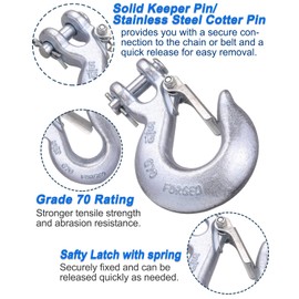WENHUALI 5/16 Inch Safety Chain Hooks, Clevis Slip Hook with Safety Latch, Grade 70 Forged Steel 14,000 Lb for Trailer Truck Transport Tow Winch Hook Trailer(5/16 Inch, 2 Pack)