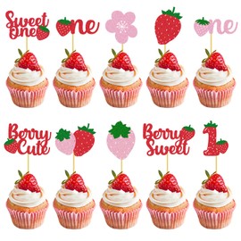 30Pcs Sweetheart Strawberry Cupcake Decoration, Fine Workmanship Strawberry Cupcake Toppers Decor Supplies, Suitable for 1st Birthday Party Baby Baptism Dessert Decorations