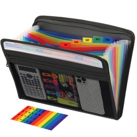 H4D Zippered Accordion File Organizer with Front Mesh Pouch, 13 Pocket Expanding File Folder, Fit for Documents Letter Size A4 Papers, Black