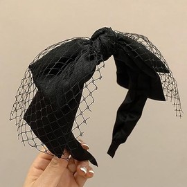 Jumwrit- Diadema con lazo anudado negro, diadema de malla ancha antideslizante, banda para el cabello de color sólido, diadema elástica con lazo grande