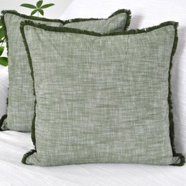 22×22 Organic Cotton Throw Pillow Covers Decorative Fringe Boho Farmhouse Cushion Cover with Tassels Linen Like Textured Accent Pillowcases for Bed Couch Chair Sofa Living Room,Green Set of 2