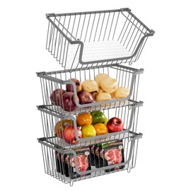 GAOKASE 4 Pcs Stackable Wire Baskets for Pantry Organizers and Storage,Vegetable Fruit Basket for Countertop,Kitchen Storage Metal Baskets,Produce Potato Onion Storage Bin,Gray