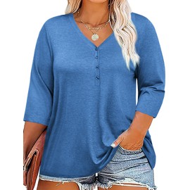 Tankaneo - Camisetas de manga 3/4 para mujer, tallas grandes, cuello en V, manga 3/4, Azul, XX-Large