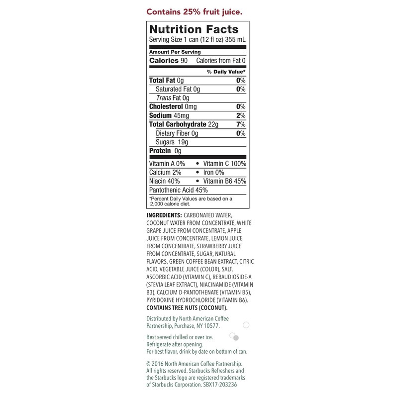 Starbucks, Refreshers with Coconut Water, Strawberry Lemonade, 12 fl Oz.