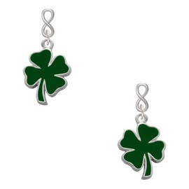 Delight Jewelry Silvertone Two Sided Green Enamel Lucky Four Leaf Clover Silvertone Infinity Post Earrings