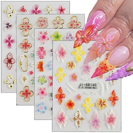 5D Embossed Flower Nail Art Stickers Hibiscus Nail Stickers Pink White Lily Hibiscus Tropical Floral Self Adhesive Nail Decals Summer Spring Flower Nail Supplies for Women DIY Acrylic Nail Decoration