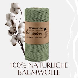 GARNIYARN Premium Macrame Yarn 3 mm - Soft Cotton Rope for Macrame, DIY Craft Projects, Wall Hangings, Plant Hangers and Home Accessories - 100% Natural Cotton - 3 mm, 100 m (Sage Green)