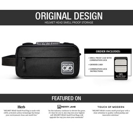 HELMET HEAD Smell Proof Bag, Water Repellent Stash Box, Compact Travel Bag with Combination Lock and Grinder Card for Your Mason Jars, Mylar Bags and Herbs (Black)