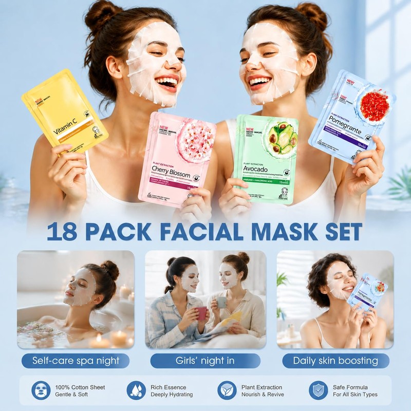 18PCS Face Masks Skincare,Hydrating Sheet Face Masks Skincare for Women
