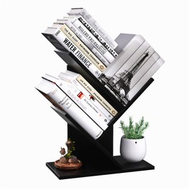 R RUISHENG 3 Tier Small Tree Bookshelf Storage Organizer Shelves Floor Standing Bookcase Desk Wood Storage Rack for Home Office Living Room Bedroom Display for Book Magazine CD Manga Black