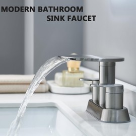 Bathroom Sink Faucet 3 Hole，Matte Black Waterfall Bathroom Faucet 4 Inch Centerset with Pop-Up Drain，2 Handles Stainless Steel faucets with Round Shelf for Vanity Sink, Rv