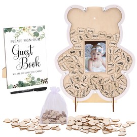 Mogokoyo Bear Guest Book with Picture Frame and 60 Wooden Hearts & Wooden Bears to Write on for Wedding Baby Shower Christening Birthday