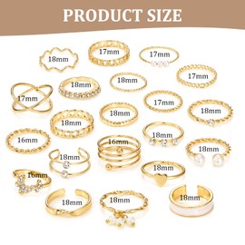 Generisch Pack of 21 Rings Gold Women's Gold Stacking Rings Thumb Ring Finger Ring Stackable Knuckle Rings Gold Statement Ring Jewellery for Women Girls, Metal, No Gemstone