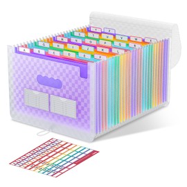 ThinkTex Accordion‌ File Organiser, 26 Pockets Expanding File Folders, Monthly Bill Receipt Documents Organiser, Colorful Tabs, Letter/A4 Size - Purple