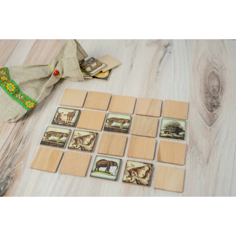 PoppyBabyCo Wooden Memory Matching Game with a Linen Storage Bag,