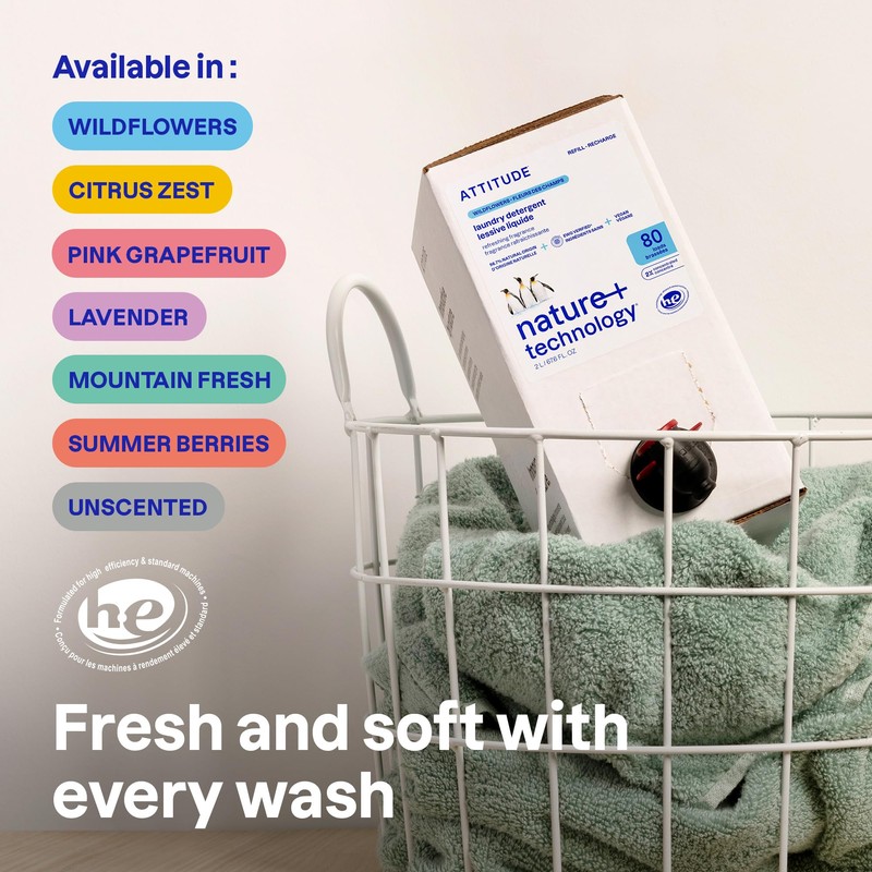 ATTITUDE Liquid Laundry Detergent Refill, EWG Verified, HE Compatible, Plant-Based