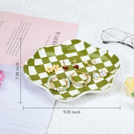 Koythin Jewelry Tray, Ceramic Jewelry Dish Trinket Tray Organizer, Checkered Pattern Aesthetic Decorative for Kitchen, Bathroom (Green Plaid)
