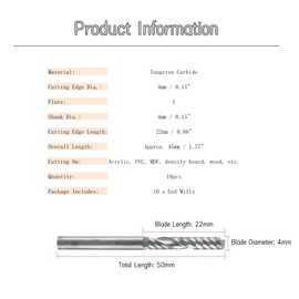 Uadme 4mm End Mills Set, 10 Pcs Tungsten Carbide Single Flute End Mills, CNC Router Milling Bits, Milling Cutter, for Cutting Acrylic, PVC, MDF, Density Board, Wood