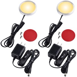 Lvyinyin Single LED Under Cabinet Puck Light, Display Case Shelf Counter Lighting, 120V AC Wall Plug with On Off Switch, Non-dimmable, Warm White, 2 Packs