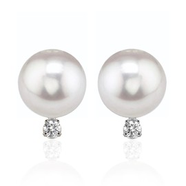 14K White Gold Handpicked AAA Quality Round Genuine White Akoya Cultured Saltwater Pearl Stud Earrings Set with Diamonds for Women