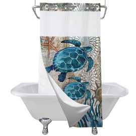 Final Friday Green and Teal Sea Turtles Theme No Hook Waffle Weave Shower Curtain with Snap in Liner Nautical Beach Bathroom Blue Ocean Decor Set 36 W x 74 H Inch Teal