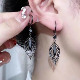 W WEILIRIAN Boho Crystal Leaf Dangle Earrings Black Leaf Earrings for Girls Rhinestone Leaf Hoop Earrings Cz Leaf Hoop Drop Earrings Jewelry for Women Gifts