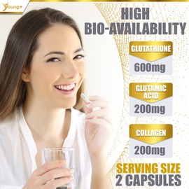 Young+ Glutathione, Glutamic Acid and Collagen. Antioxidant Supplement - 1000mg, 60 Capsules