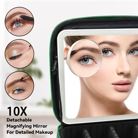 SLUMAZI Travel Makeup Bag with LED Mirror and 10x magnifying glass with 3 Lighted Settings, Adjustable Dividers and Makeup Brush Storage Bag Dark Green